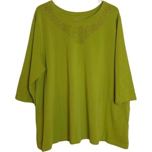 NWOT Liz & Me Catherines 2X Women Blouse Chartreuse Green 3/4 Sleeve Beaded Flow